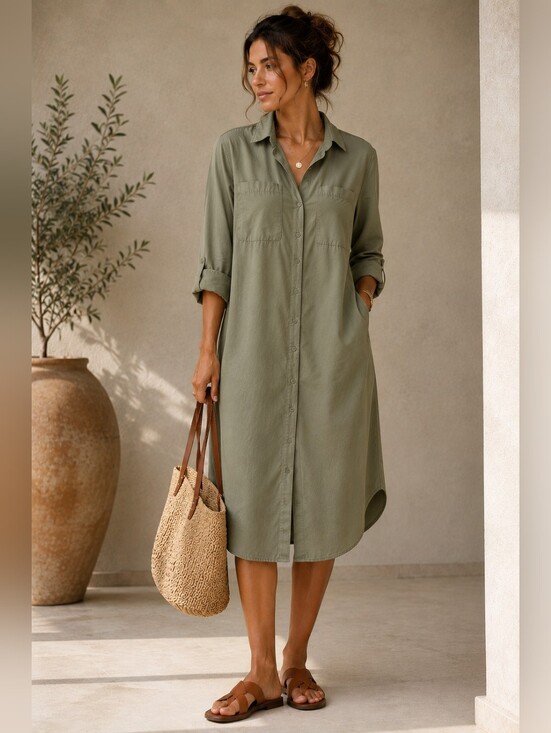 Kaffe Dresses & Skirts - Kaffe - Olive Green Button-Front Midi Shirt Dress